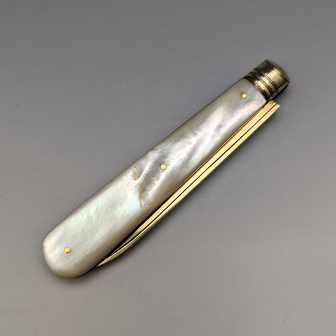 1888 British Antique White Pearl Shell Handle Pure Silver Blade Folding Pen Knife in Case